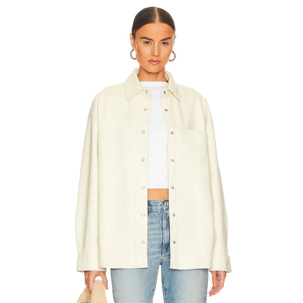 NWT WeWoreWhat Vegan Leather Overshirt Shacket Jacket Cream sz M $118 MSRP